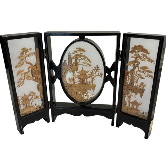 Vintage Chinese Glass 3-Panel Folding Screen Intricate Hand-Carved Cork Art & Bl - Picture 1 of 7